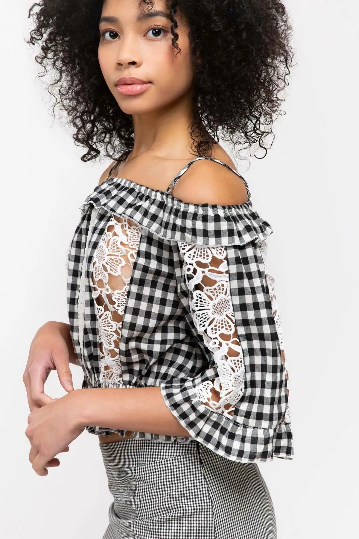 Gingham Crop Top With Crochet Lace Insets