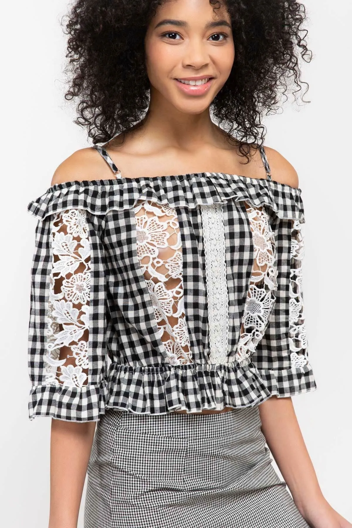 Gingham Crop Top With Crochet Lace Insets