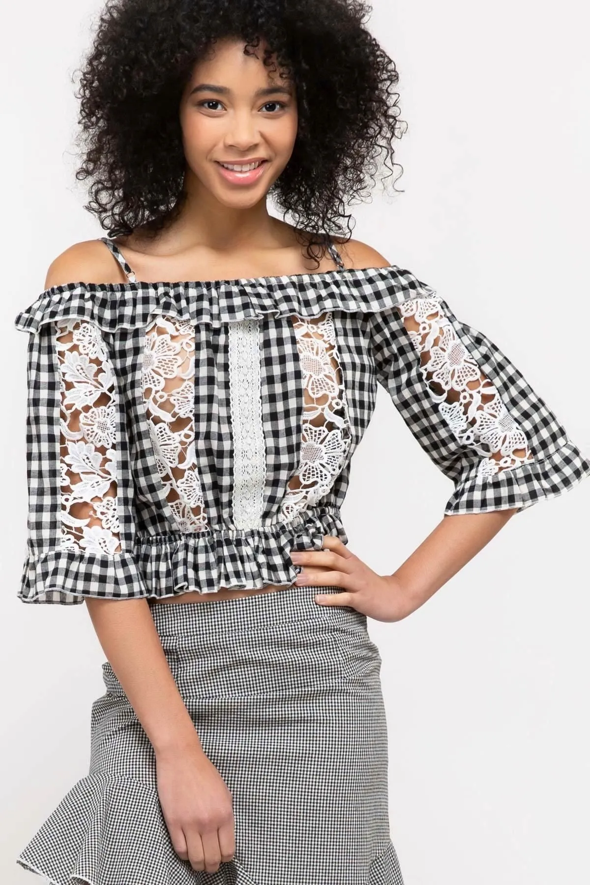 Gingham Crop Top With Crochet Lace Insets