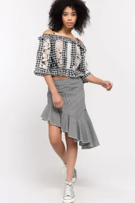 Gingham Crop Top With Crochet Lace Insets