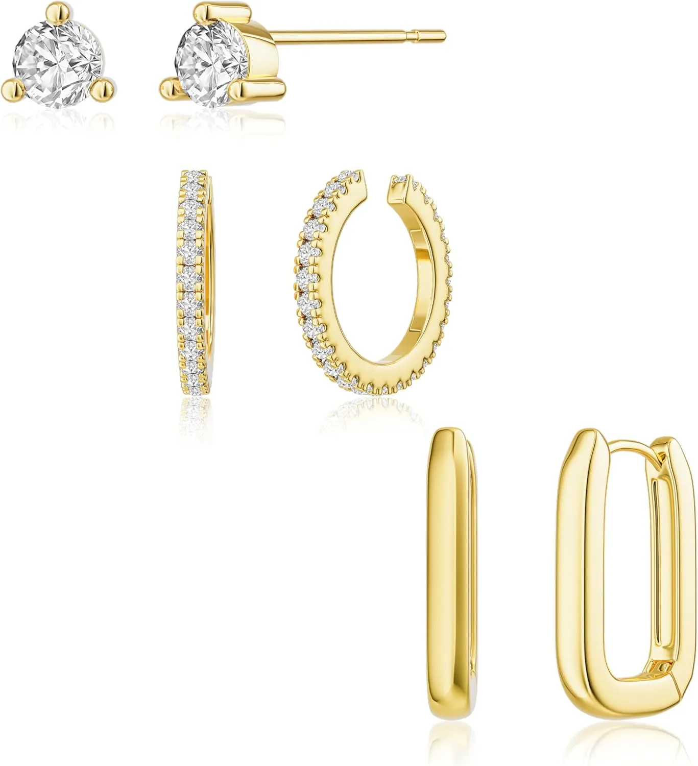 Gold Hoop Earrings for Women, Trendy 14K Gold Stud Earrings Set for Women Dainty Cubic Zirconia Huggie Hoops Small Ear Cuffs Non Piercing Hypoallergenic Earrings Cute Waterproof Gold Jewelry