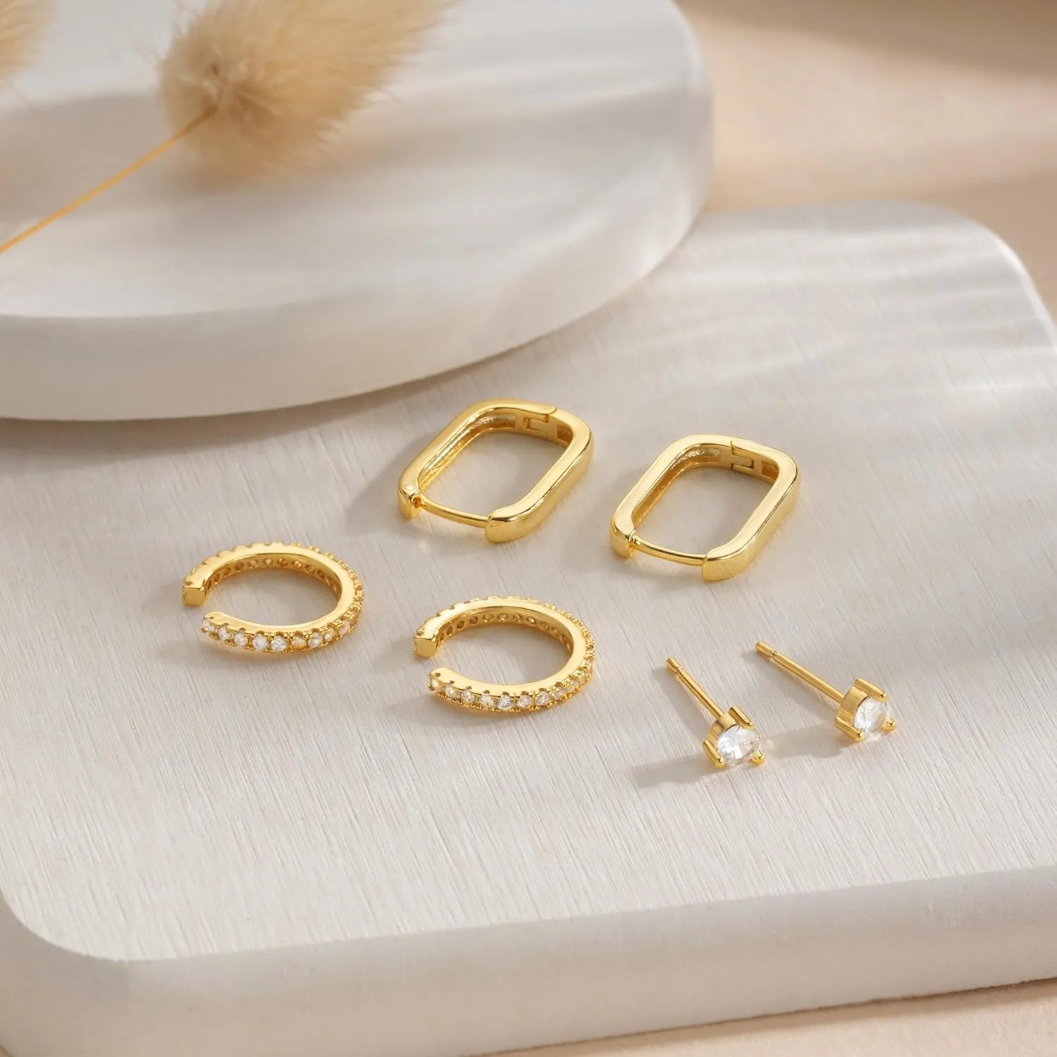 Gold Hoop Earrings for Women, Trendy 14K Gold Stud Earrings Set for Women Dainty Cubic Zirconia Huggie Hoops Small Ear Cuffs Non Piercing Hypoallergenic Earrings Cute Waterproof Gold Jewelry