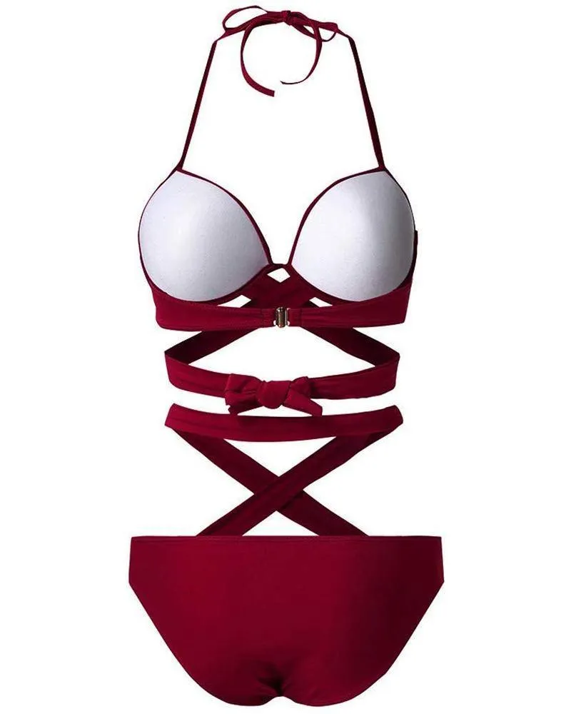 Halter Low Cut Bandage Crisscross Bikini Set