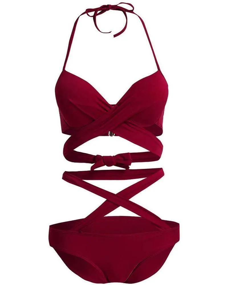Halter Low Cut Bandage Crisscross Bikini Set