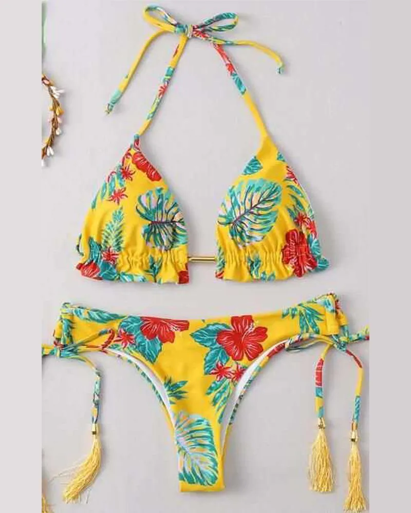 Hawaii Patterns Print Strap Bra With Panties Bikini Sets