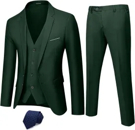 Hihawk Men's 3 Piece Suit with Stretch Fabric, Solid Slim Fit Two Button Suit Blazer Set, Jacket Vest Pants with Tie.