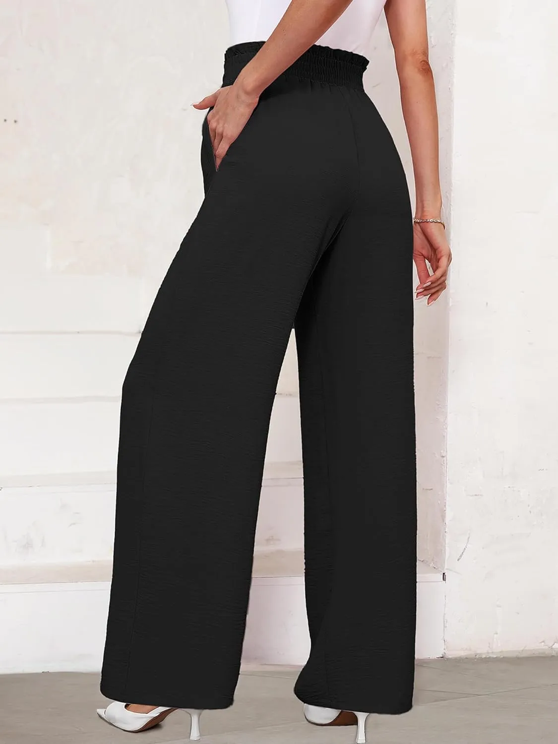 KORSIS Women's Pants Wide Leg Lounge High Waisted Causal Flowy Work Elastic Trousers with Pockets