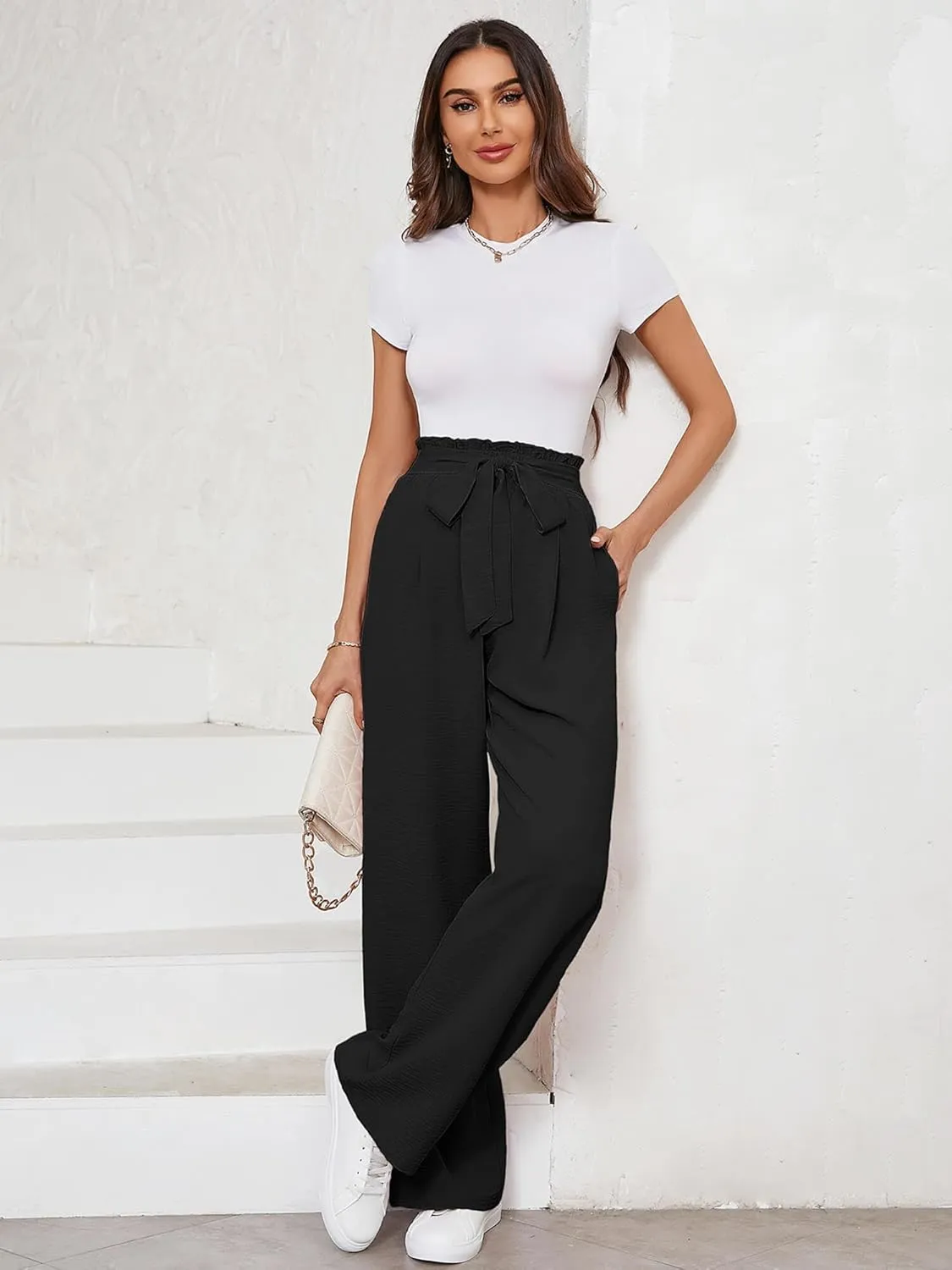 KORSIS Women's Pants Wide Leg Lounge High Waisted Causal Flowy Work Elastic Trousers with Pockets
