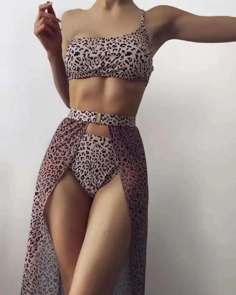 Leopard Strap Cropped Tanks With Panties And Slit Skirts Bikini Sets