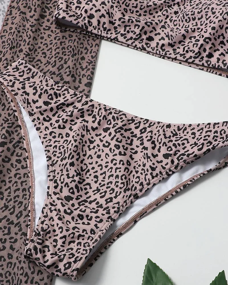 Leopard Strap Cropped Tanks With Panties And Slit Skirts Bikini Sets