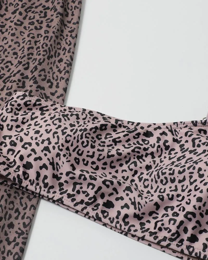 Leopard Strap Cropped Tanks With Panties And Slit Skirts Bikini Sets