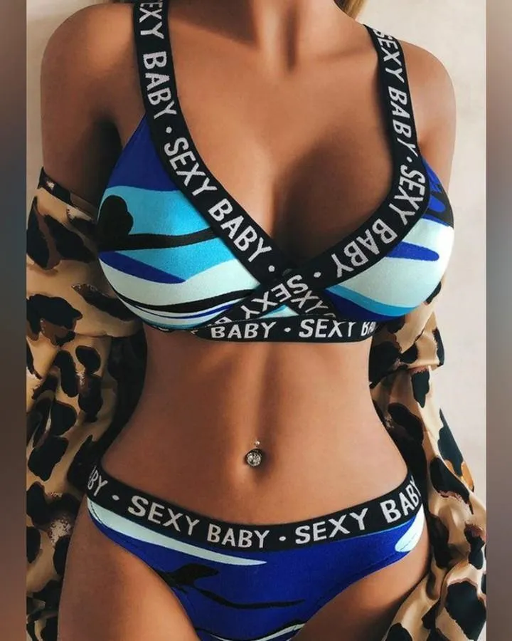 Letter Banded Patchwork Strap Bra With Panties Bikini Sets