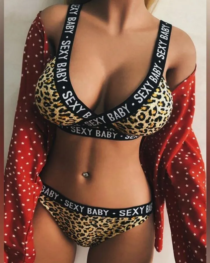 Letter Banded Patchwork Strap Bra With Panties Bikini Sets