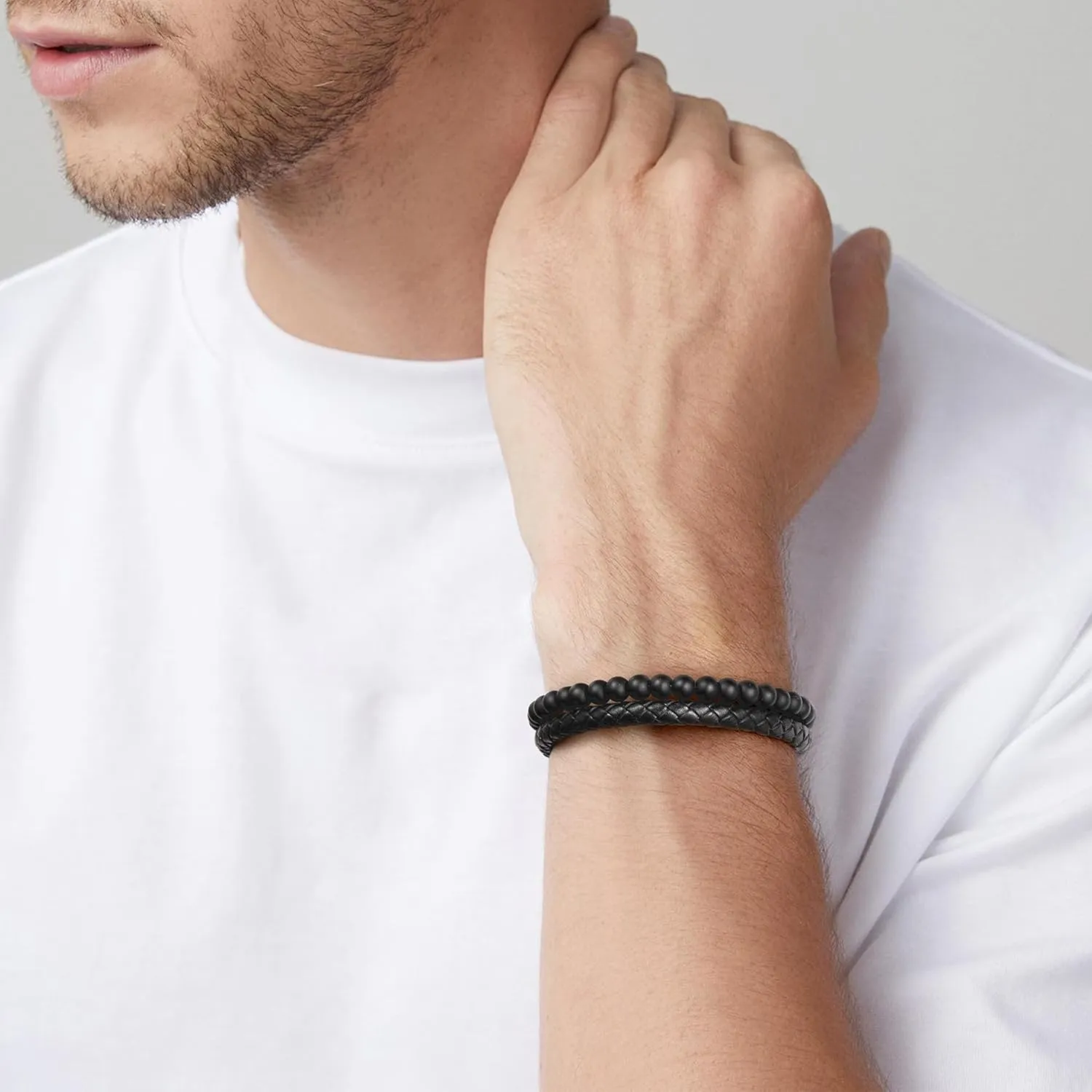 LUXEJEW Fathers Day Gifts for Men - Beaded Leather Bracelets for Men Dad Husband Son Grandpa Boyfriend Brother Uncle 6mm Matte Agate Stone Stainless Steel Magnetic Clasp