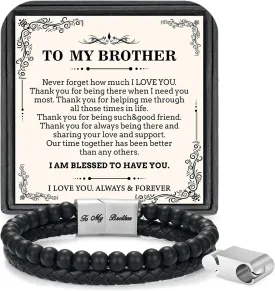 LUXEJEW Fathers Day Gifts for Men - Beaded Leather Bracelets for Men Dad Husband Son Grandpa Boyfriend Brother Uncle 6mm Matte Agate Stone Stainless Steel Magnetic Clasp