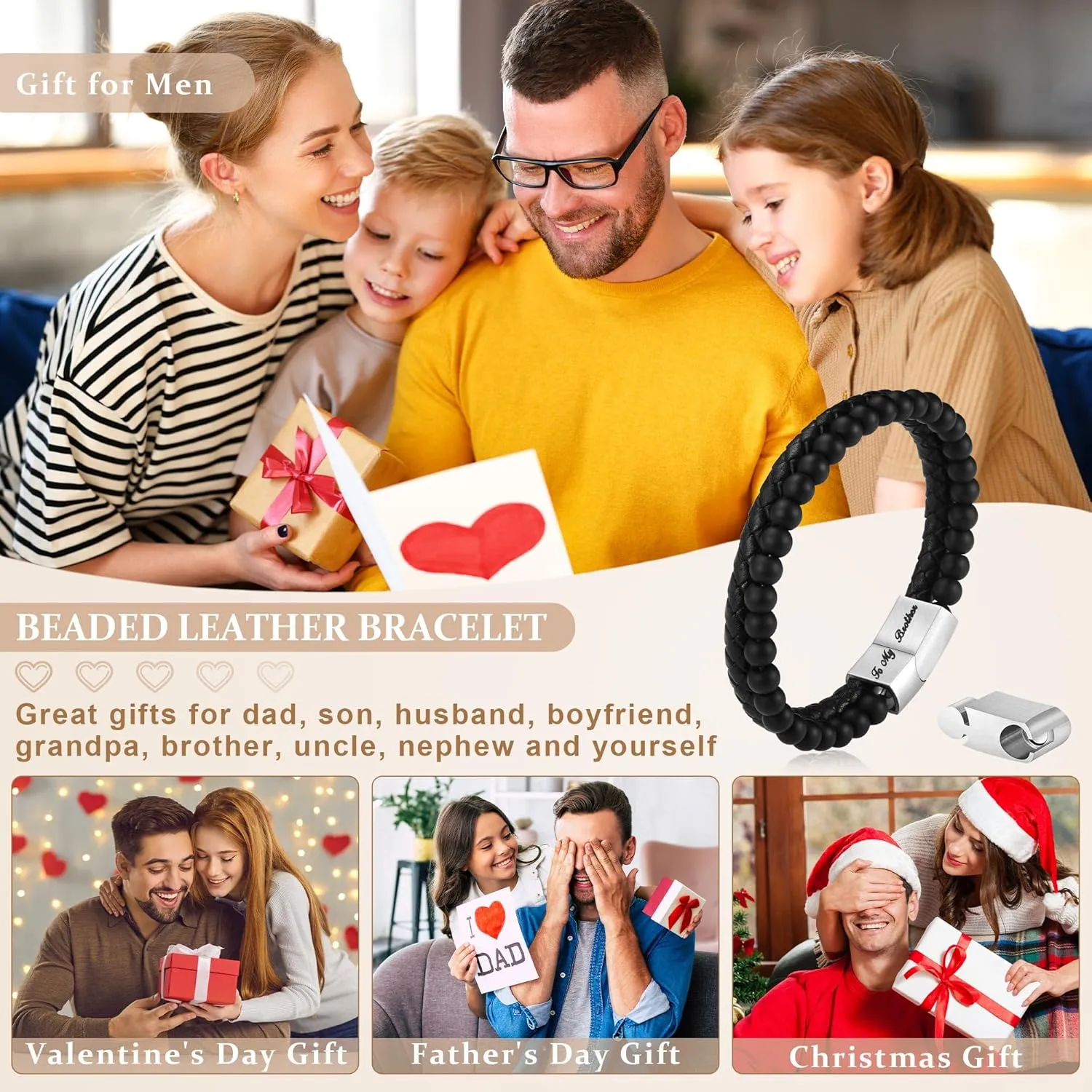 LUXEJEW Fathers Day Gifts for Men - Beaded Leather Bracelets for Men Dad Husband Son Grandpa Boyfriend Brother Uncle 6mm Matte Agate Stone Stainless Steel Magnetic Clasp