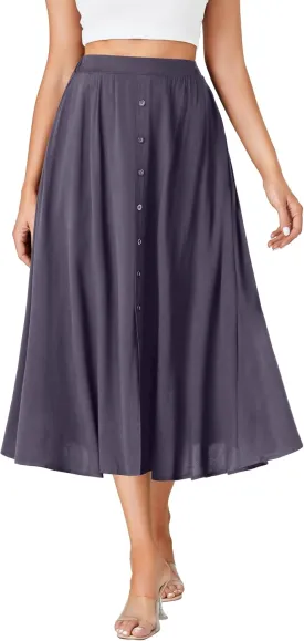 LYANER Women's High Elastic Waist Pleated Flare A Line Midi Skirt with Pockets