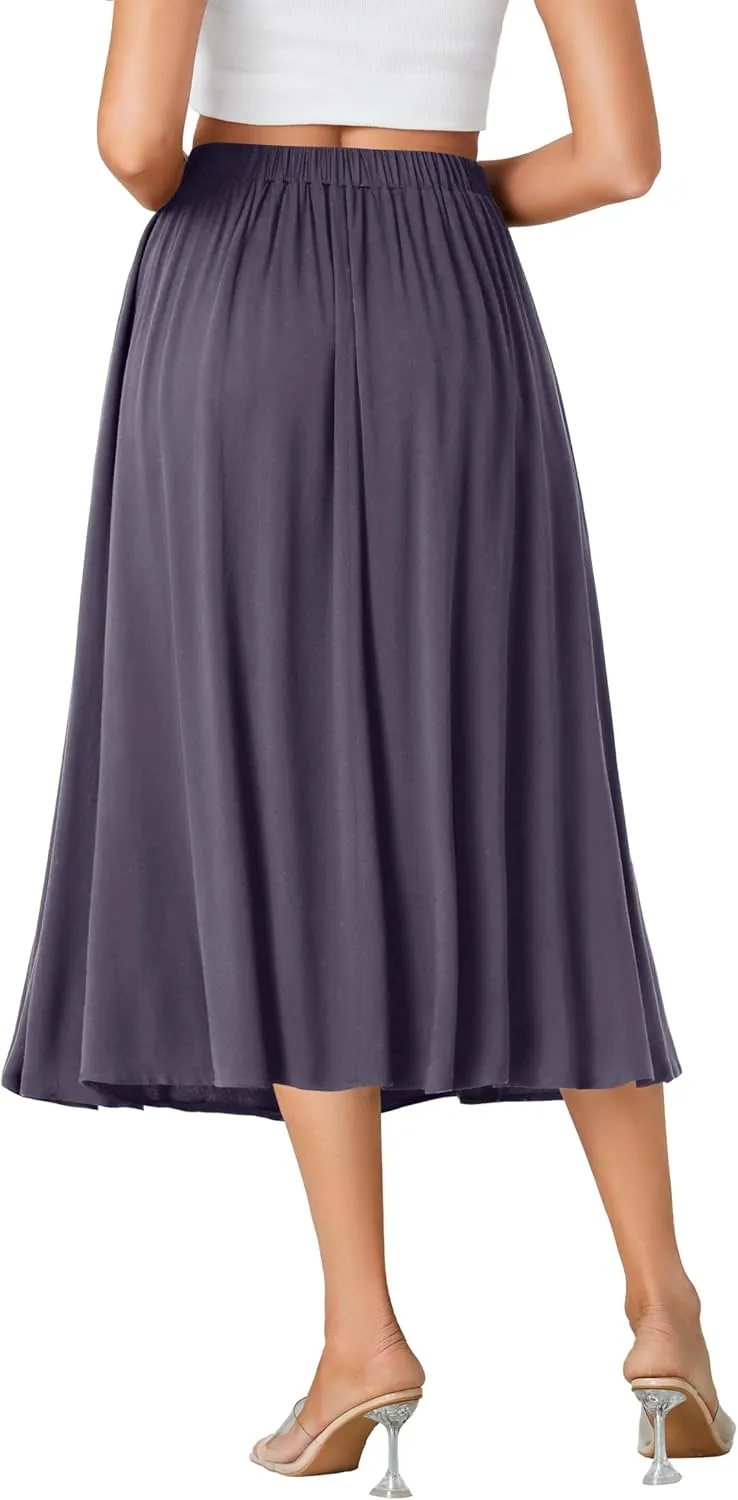 LYANER Women's High Elastic Waist Pleated Flare A Line Midi Skirt with Pockets