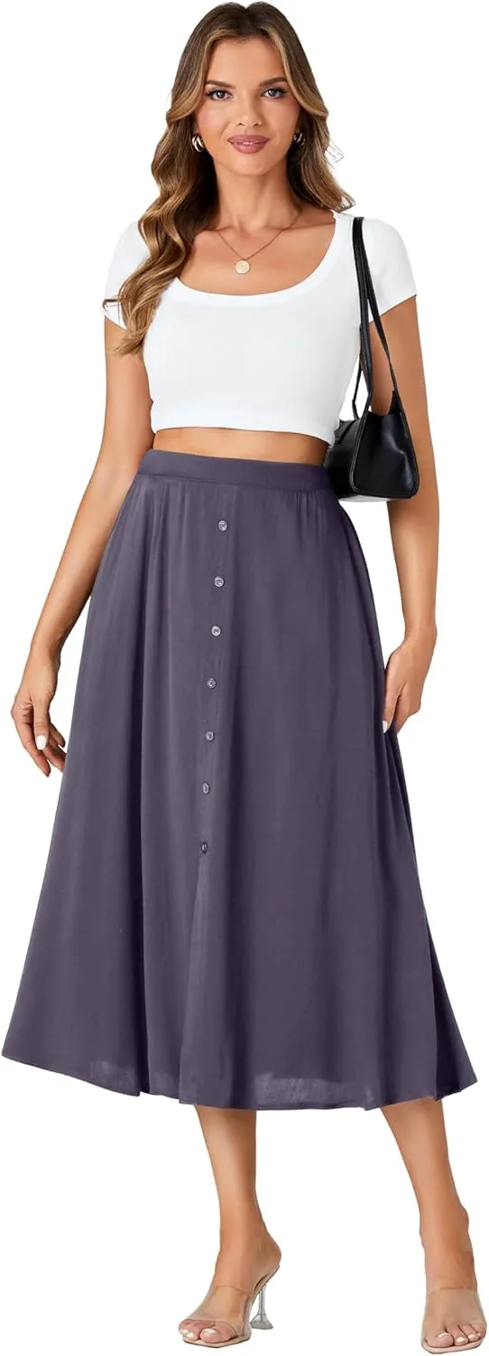 LYANER Women's High Elastic Waist Pleated Flare A Line Midi Skirt with Pockets