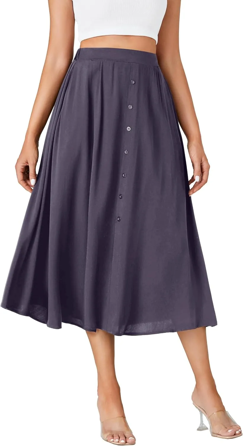 LYANER Women's High Elastic Waist Pleated Flare A Line Midi Skirt with Pockets
