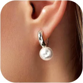 MOODEAR Dainty Freshwater Pearl Earrings - Trendy 14k Gold Plated/Silver Small Hoop Dangle Earring for Women Wedding Jewelry
