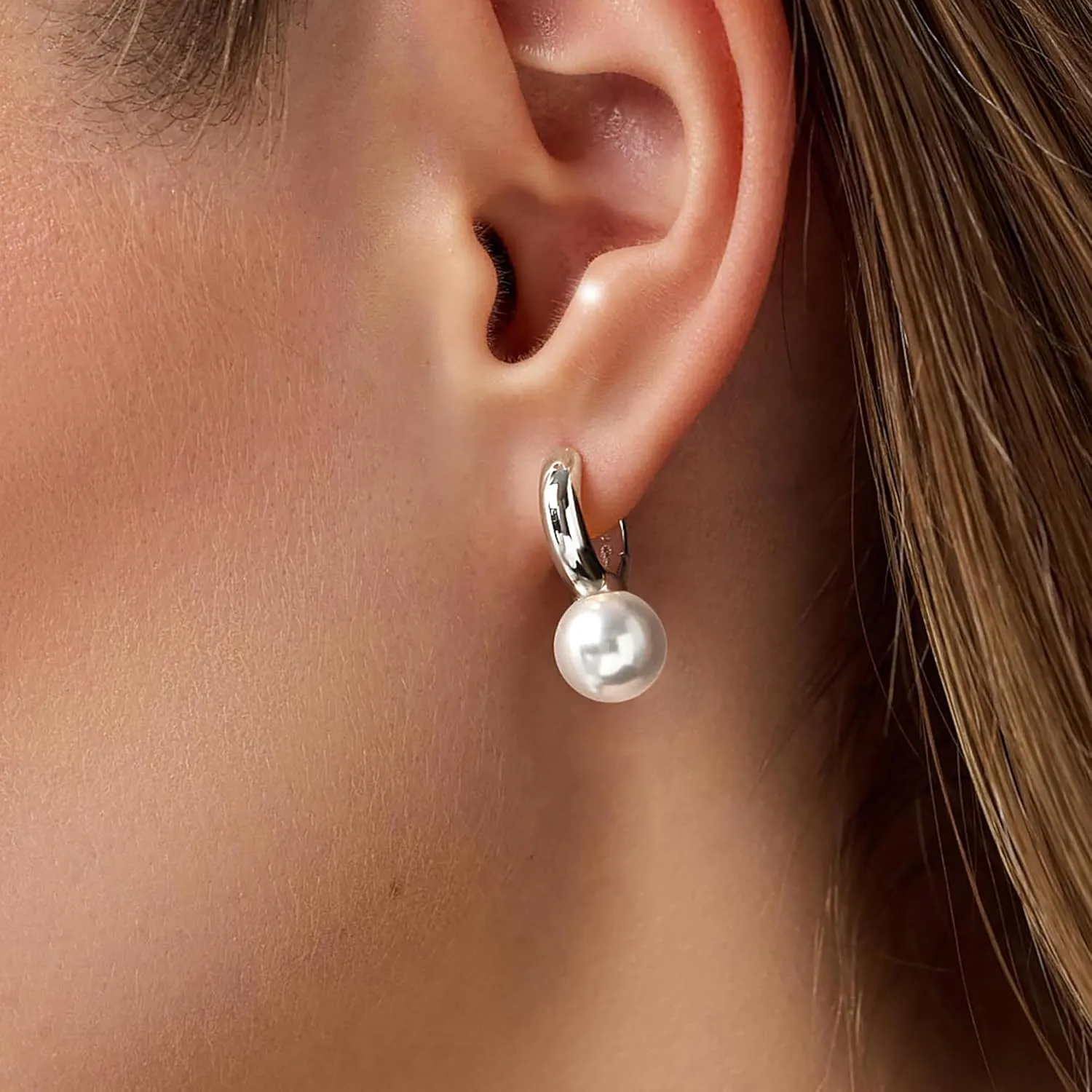 MOODEAR Dainty Freshwater Pearl Earrings - Trendy 14k Gold Plated/Silver Small Hoop Dangle Earring for Women Wedding Jewelry