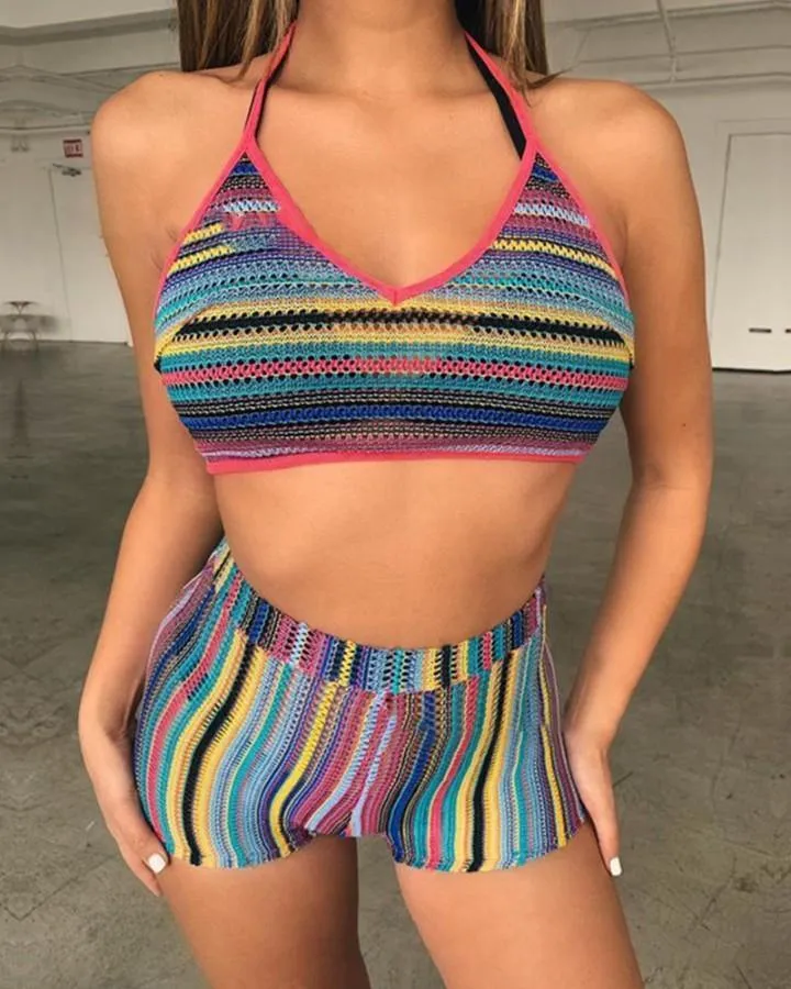 Multicolor Striped Strap Bra With High Waist Shorts Sexy Sets