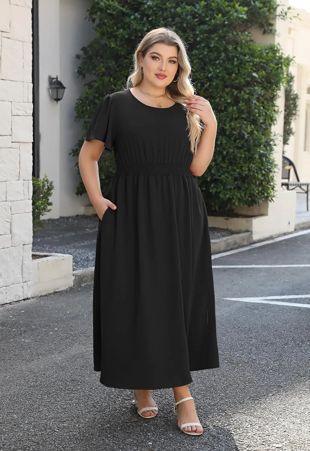 Nemidor Plus Size Maxi Dress for Curvy Women Casual Summer Ruffle Sleeve Smocked Waist Slit Long Dresses with Pocket 16-26