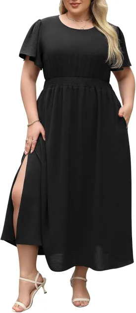 Nemidor Plus Size Maxi Dress for Curvy Women Casual Summer Ruffle Sleeve Smocked Waist Slit Long Dresses with Pocket 16-26