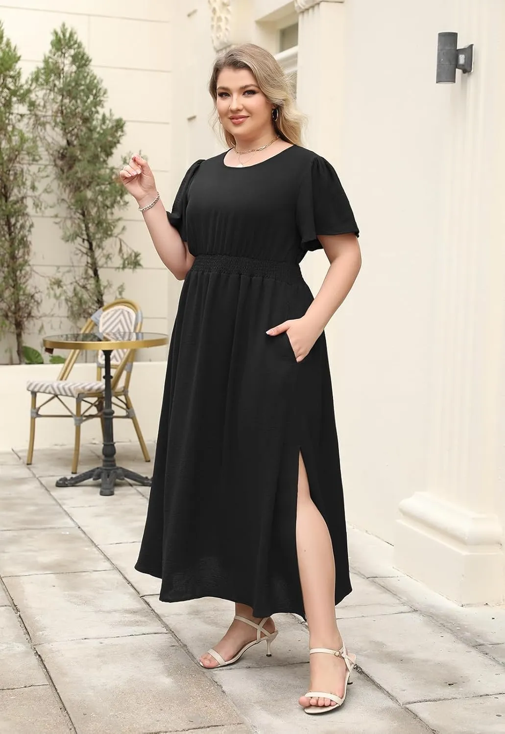 Nemidor Plus Size Maxi Dress for Curvy Women Casual Summer Ruffle Sleeve Smocked Waist Slit Long Dresses with Pocket 16-26