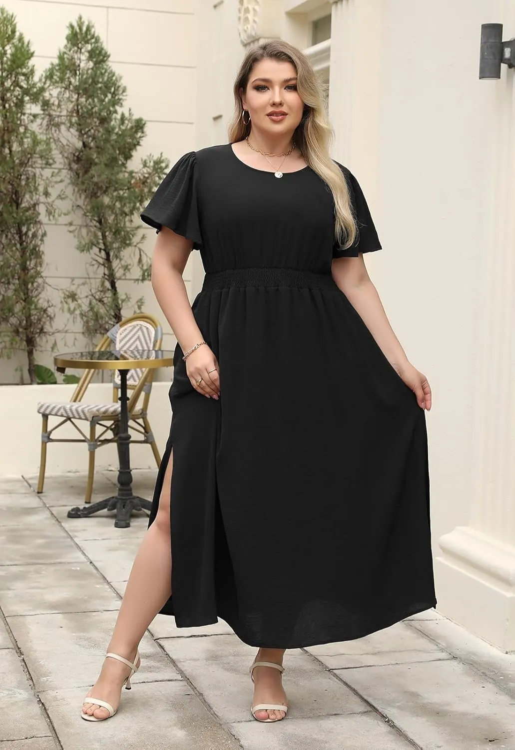 Nemidor Plus Size Maxi Dress for Curvy Women Casual Summer Ruffle Sleeve Smocked Waist Slit Long Dresses with Pocket 16-26