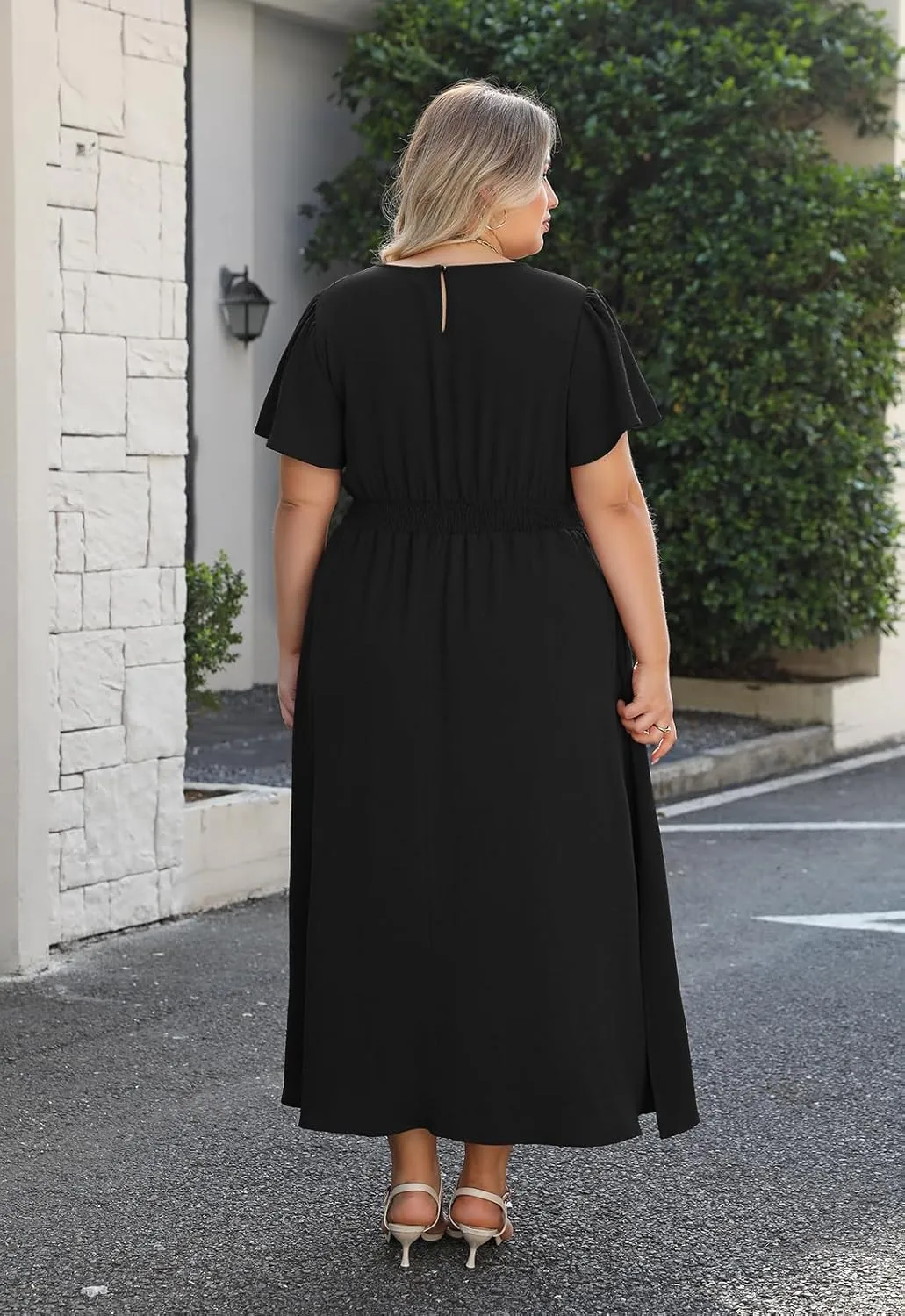 Nemidor Plus Size Maxi Dress for Curvy Women Casual Summer Ruffle Sleeve Smocked Waist Slit Long Dresses with Pocket 16-26