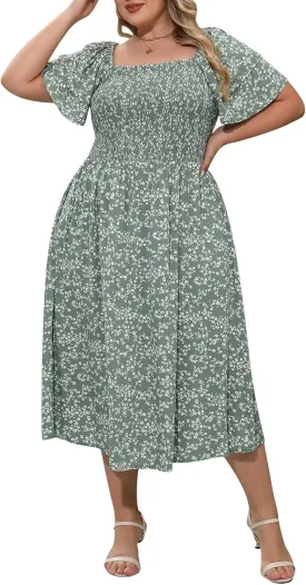 Nemidor Plus Size Summer Print Midi Boho Dress for Curvy Women Casual Smocked Floral Long Beach Dresses with Pocket 16-26