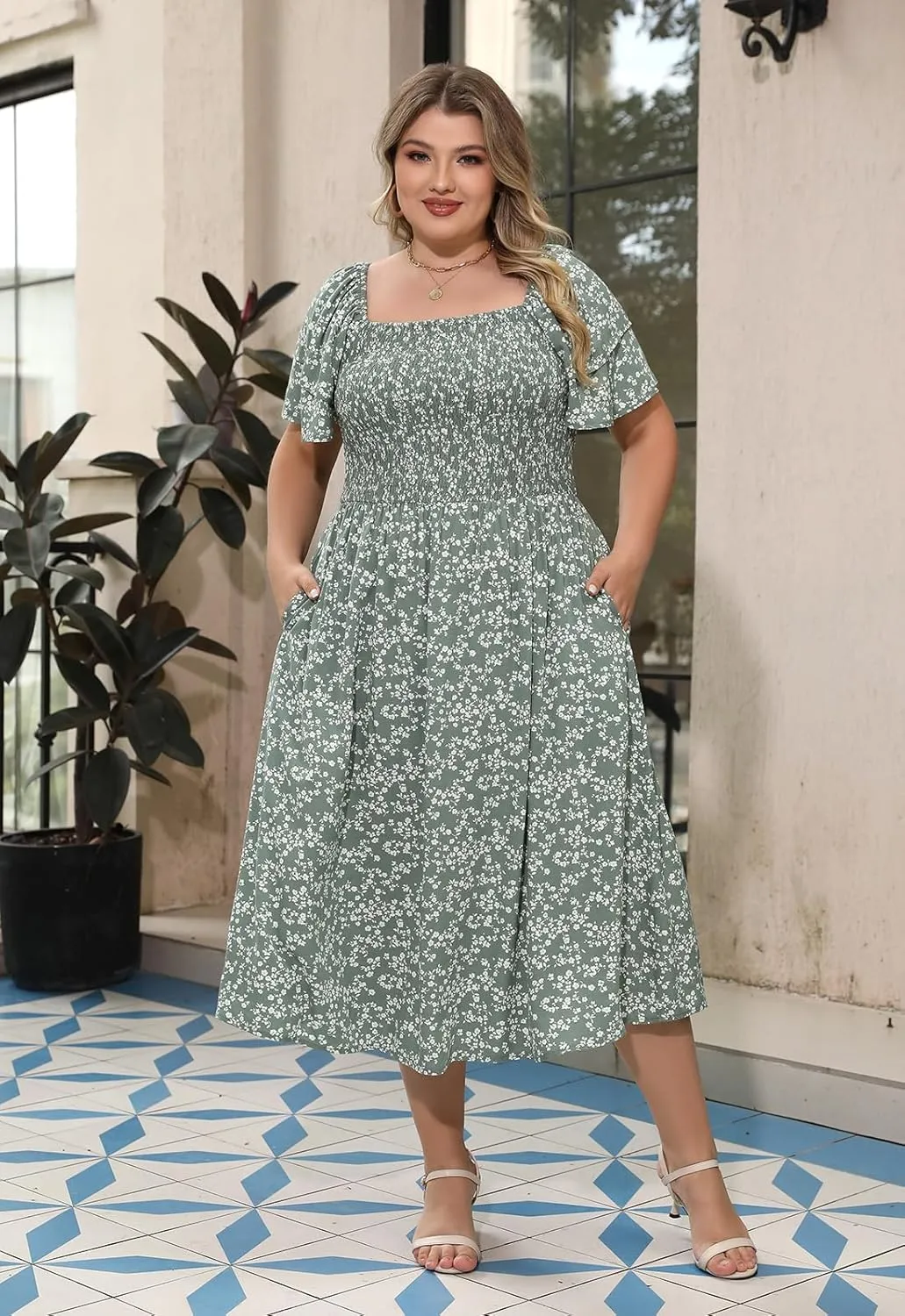 Nemidor Plus Size Summer Print Midi Boho Dress for Curvy Women Casual Smocked Floral Long Beach Dresses with Pocket 16-26