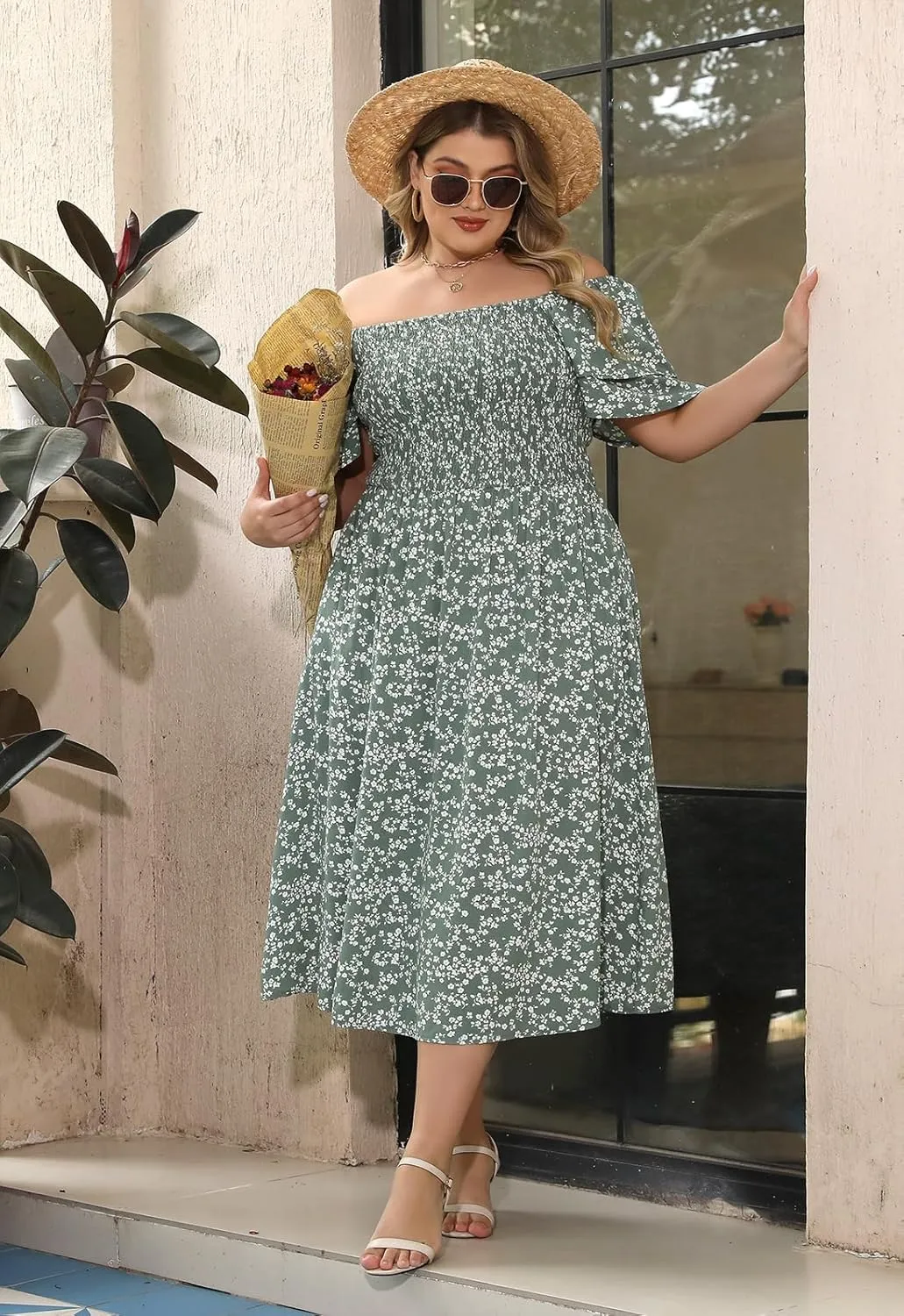 Nemidor Plus Size Summer Print Midi Boho Dress for Curvy Women Casual Smocked Floral Long Beach Dresses with Pocket 16-26