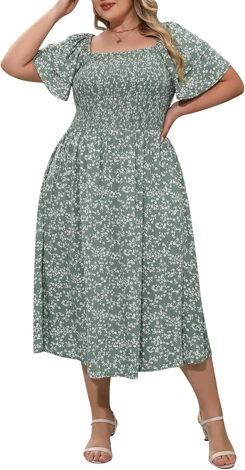 Nemidor Plus Size Summer Print Midi Boho Dress for Curvy Women Casual Smocked Floral Long Beach Dresses with Pocket 16-26