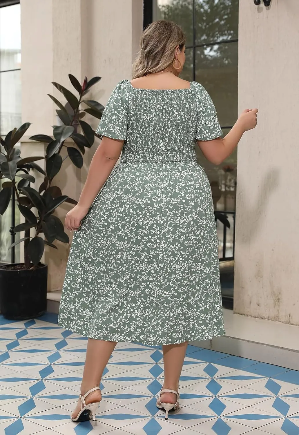 Nemidor Plus Size Summer Print Midi Boho Dress for Curvy Women Casual Smocked Floral Long Beach Dresses with Pocket 16-26