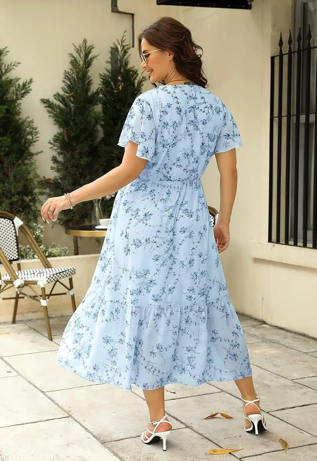 Nemidor Womens Casual Plus Size Boho Print Belted Layered Chiffon Long Dress with Ruffle Sleeve NEM310