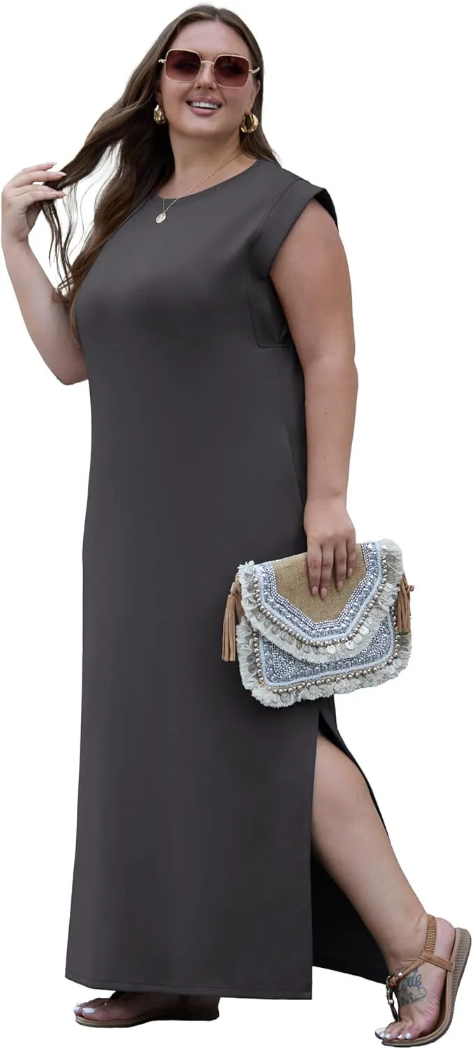 OLRIK 2025 Summer Women's Plus Size Maxi Dresses for Curvy Women Casual Split Long Dress with Pockets