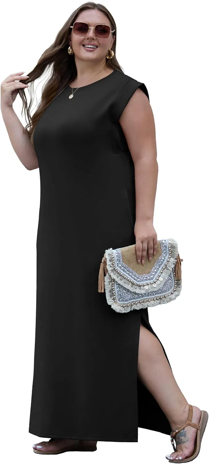 OLRIK 2025 Summer Women's Plus Size Maxi Dresses for Curvy Women Casual Split Long Dress with Pockets