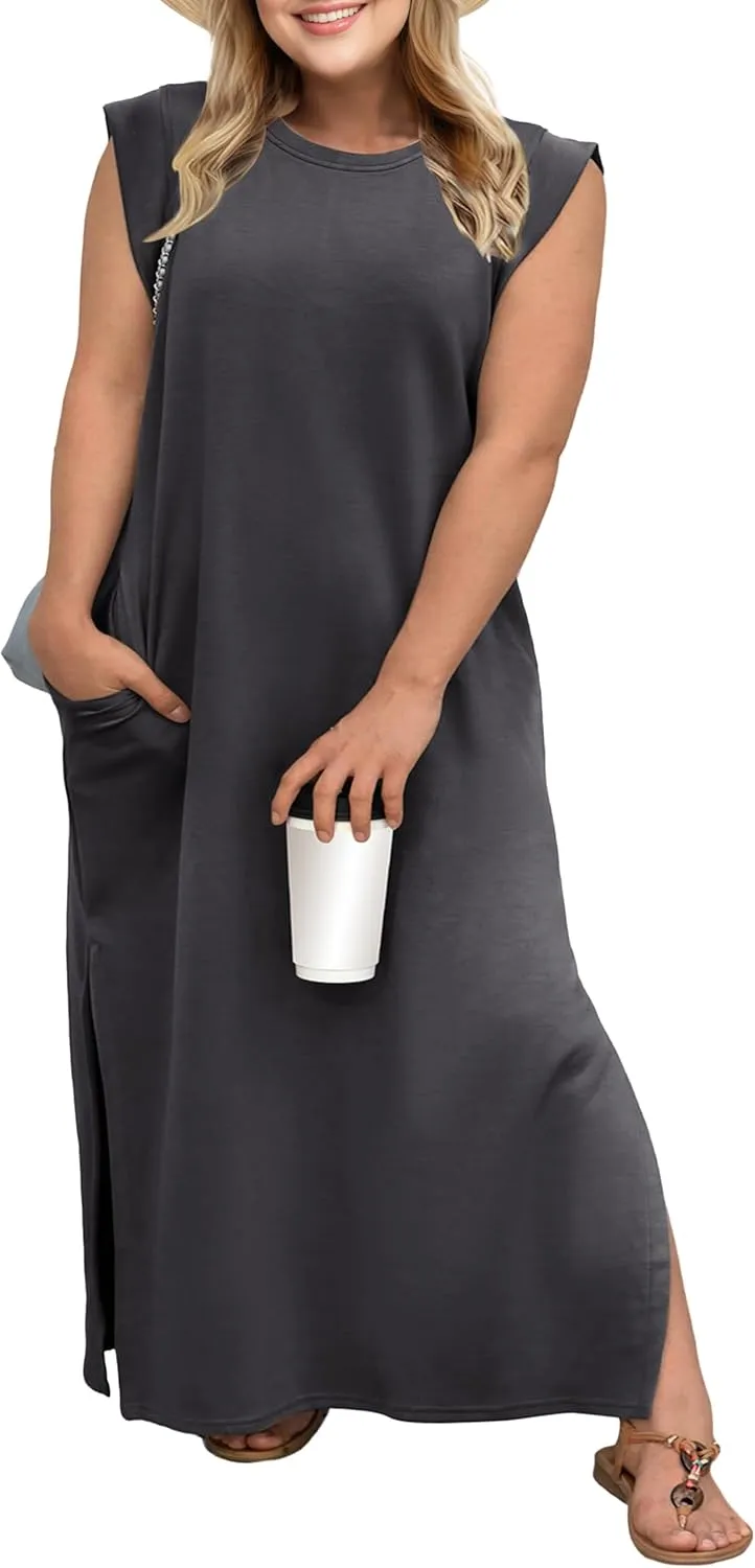 OLRIK 2025 Summer Women's Plus Size Maxi Dresses for Curvy Women Casual Split Long Dress with Pockets