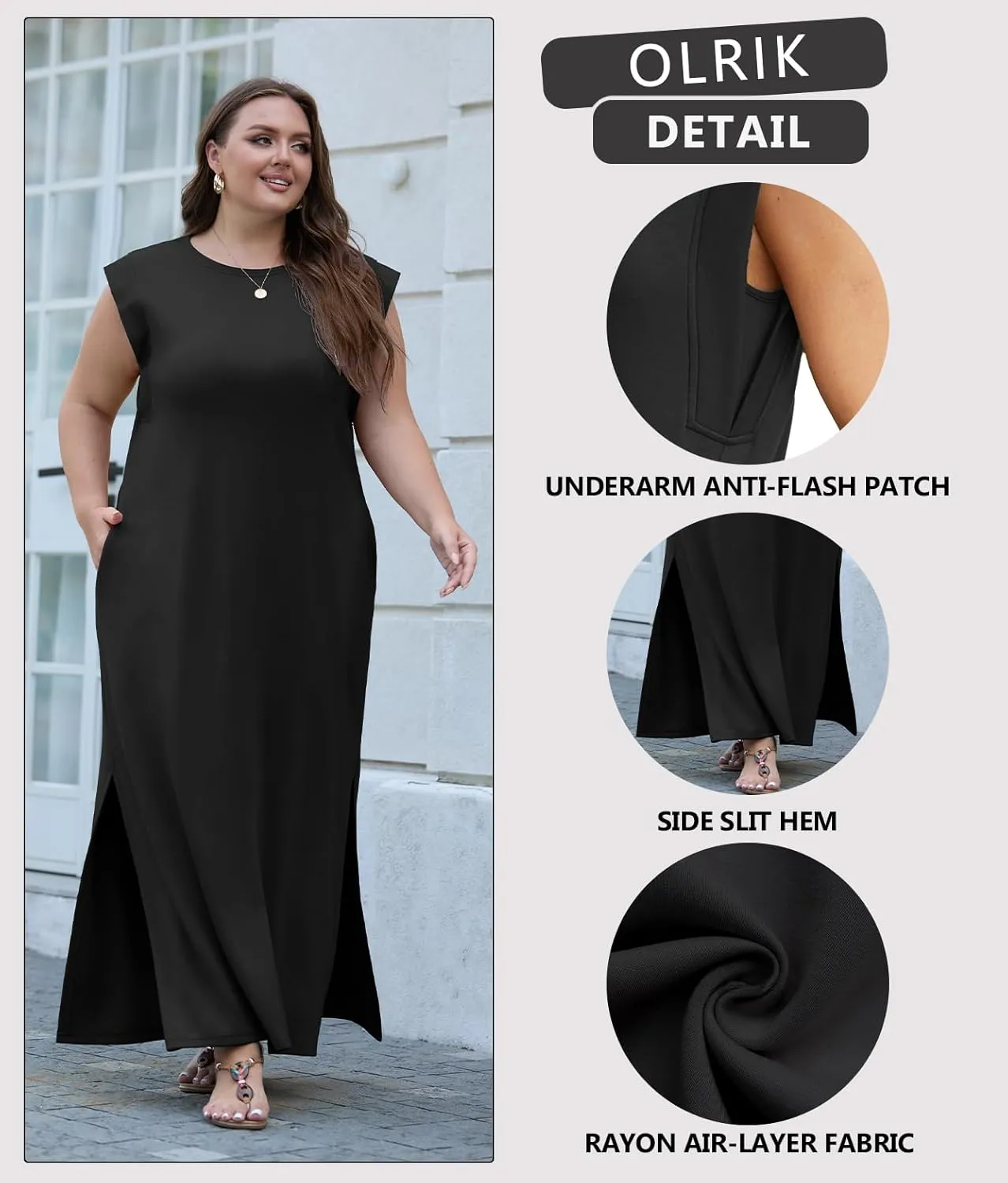 OLRIK 2025 Summer Women's Plus Size Maxi Dresses for Curvy Women Casual Split Long Dress with Pockets