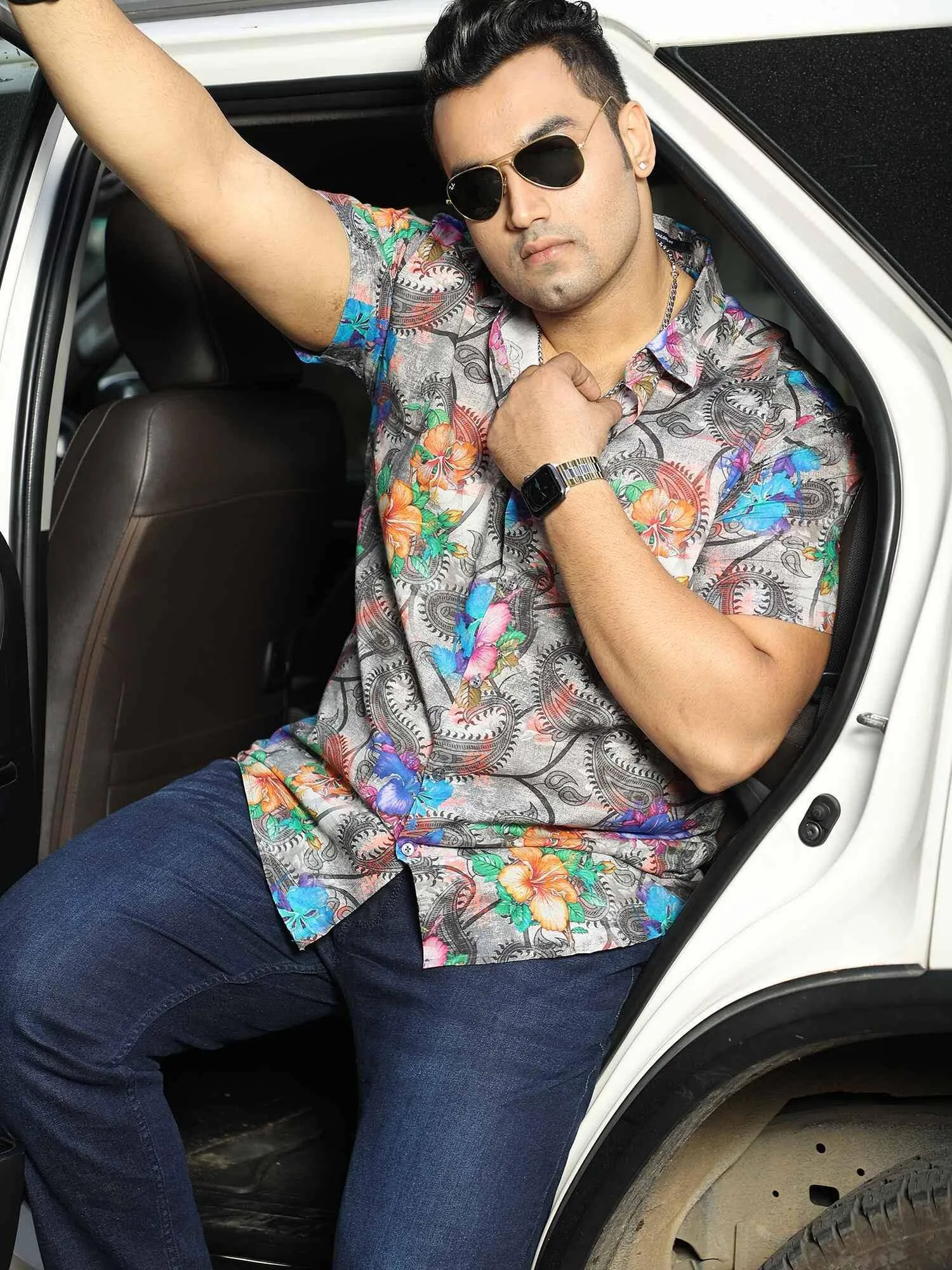Paisley Floral Print Party Wear Half Shirt Men's Plus Size