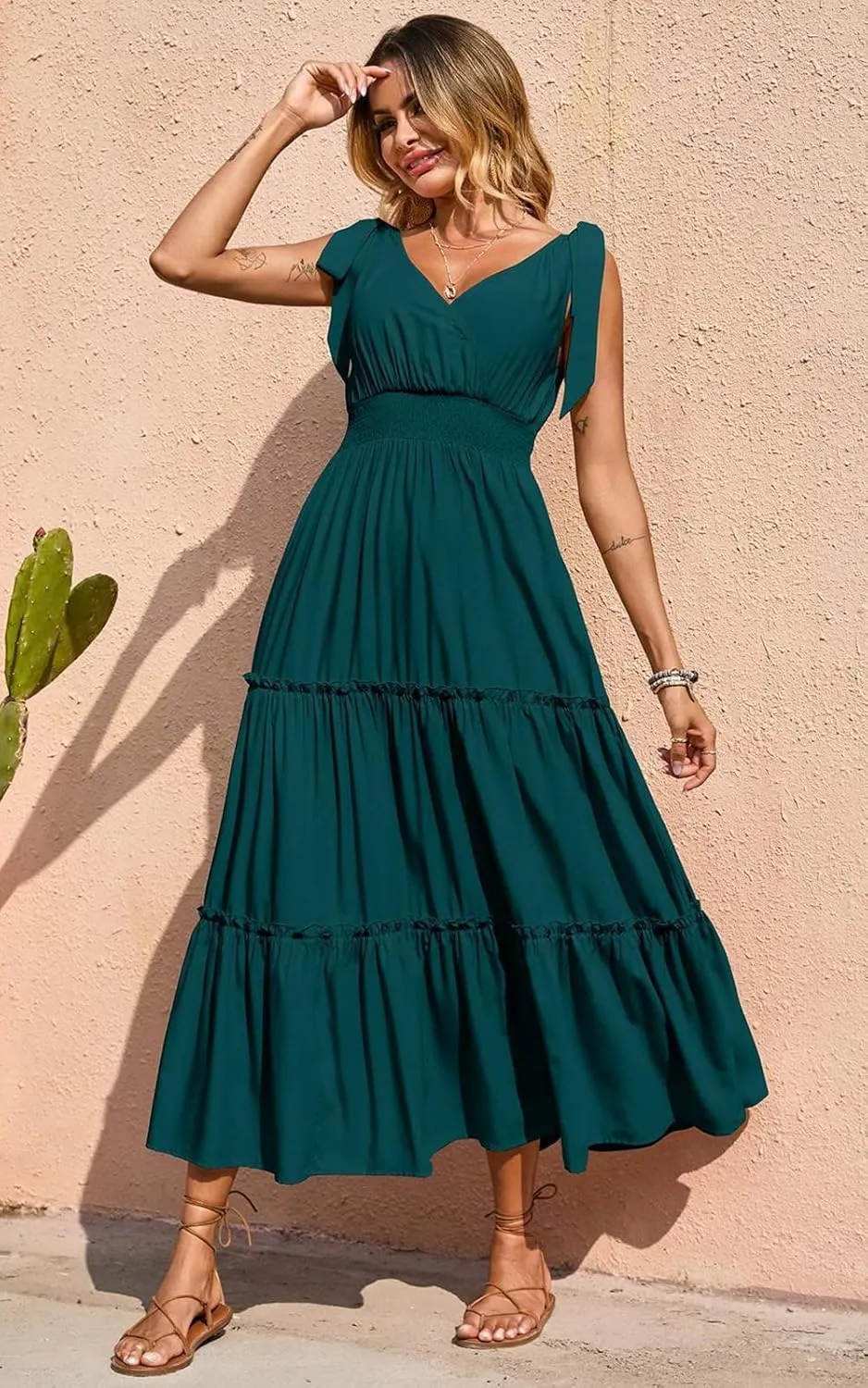 PRETTYGARDEN Women's Cross Neck Summer Sleeveless Tiered Maxi Dress Beach Tie Strap Smocked Long Dresses Pleated Sundress