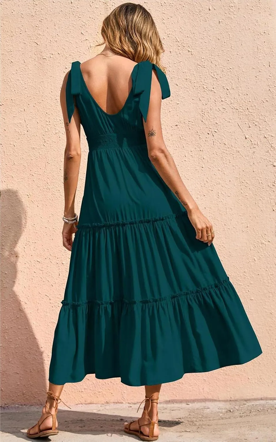 PRETTYGARDEN Women's Cross Neck Summer Sleeveless Tiered Maxi Dress Beach Tie Strap Smocked Long Dresses Pleated Sundress