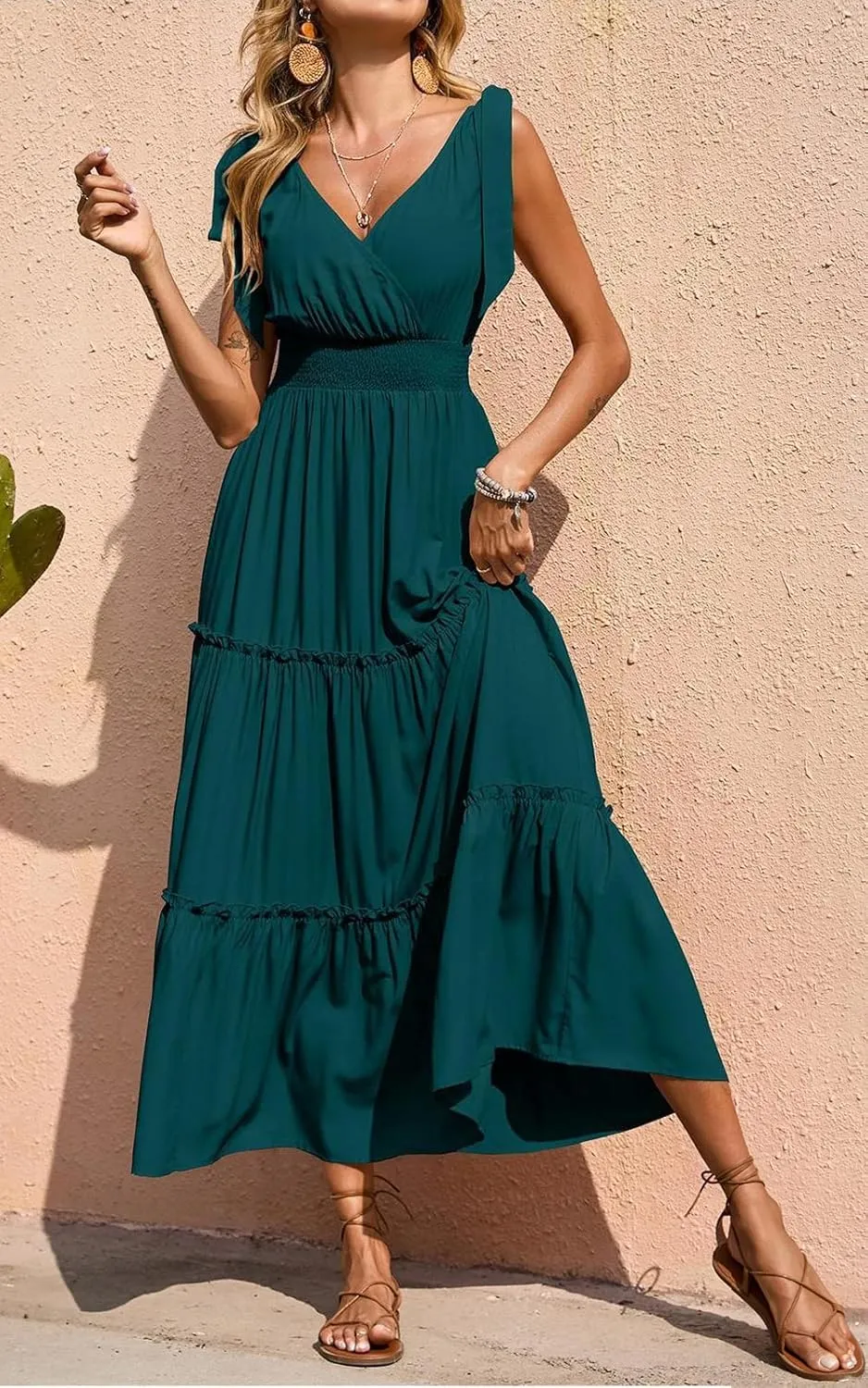 PRETTYGARDEN Women's Cross Neck Summer Sleeveless Tiered Maxi Dress Beach Tie Strap Smocked Long Dresses Pleated Sundress