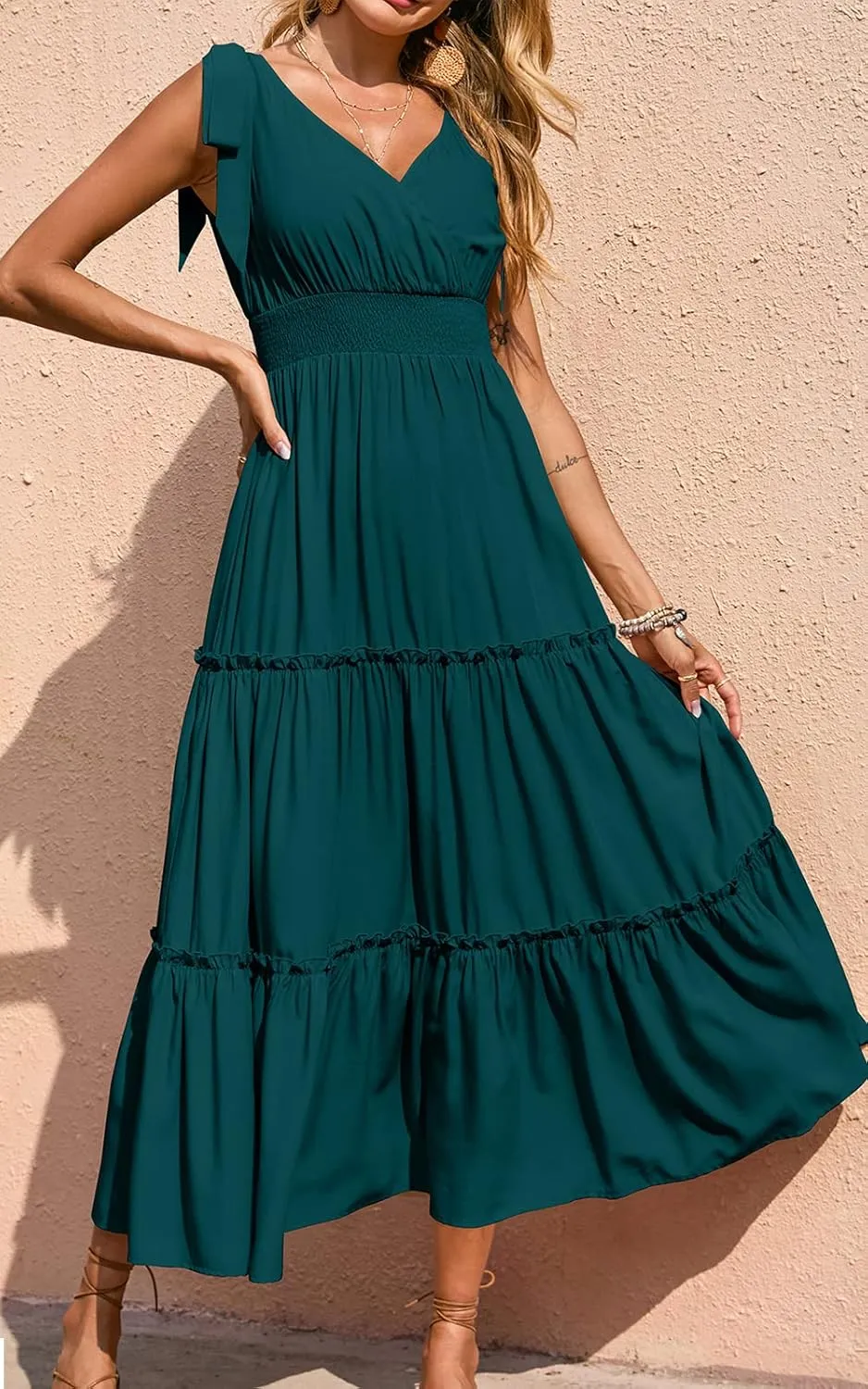 PRETTYGARDEN Women's Cross Neck Summer Sleeveless Tiered Maxi Dress Beach Tie Strap Smocked Long Dresses Pleated Sundress