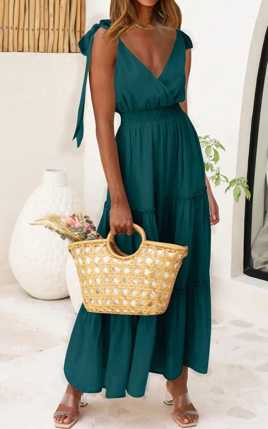 PRETTYGARDEN Women's Cross Neck Summer Sleeveless Tiered Maxi Dress Beach Tie Strap Smocked Long Dresses Pleated Sundress