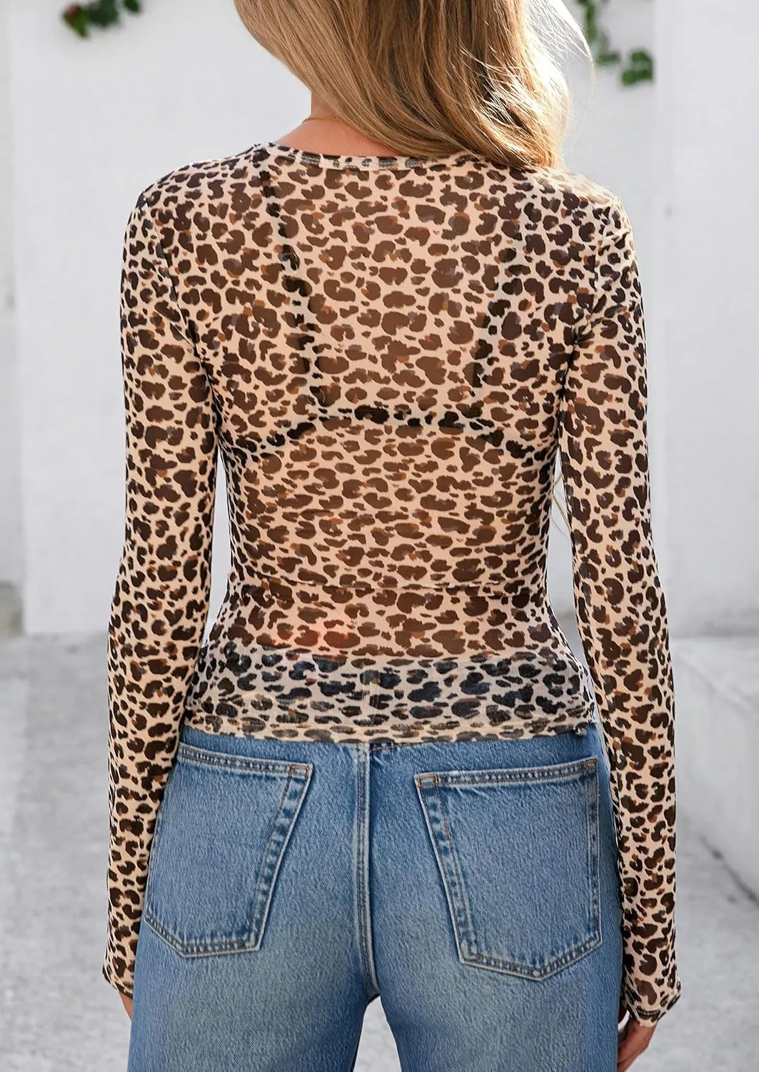 PRETTYGARDEN Womens Mesh Long Sleeve Top 2025 Trendy Spring See Through Sheer Blouse Leopard Fitted Going Out Layering Shirts
