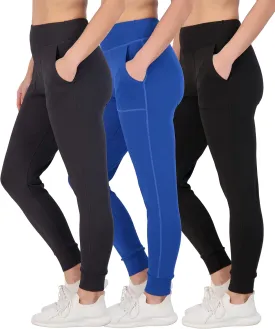 Real Essentials 3 Pack: Women's Joggers with Pockets - High Waist Workout Yoga Tapered Athletic Leggings (Available in Plus)